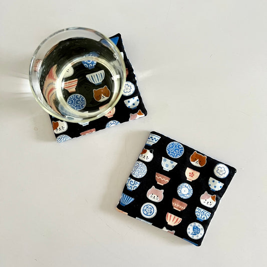 Japanese Cup Bowl Cat Fabric Coaster | Coaster